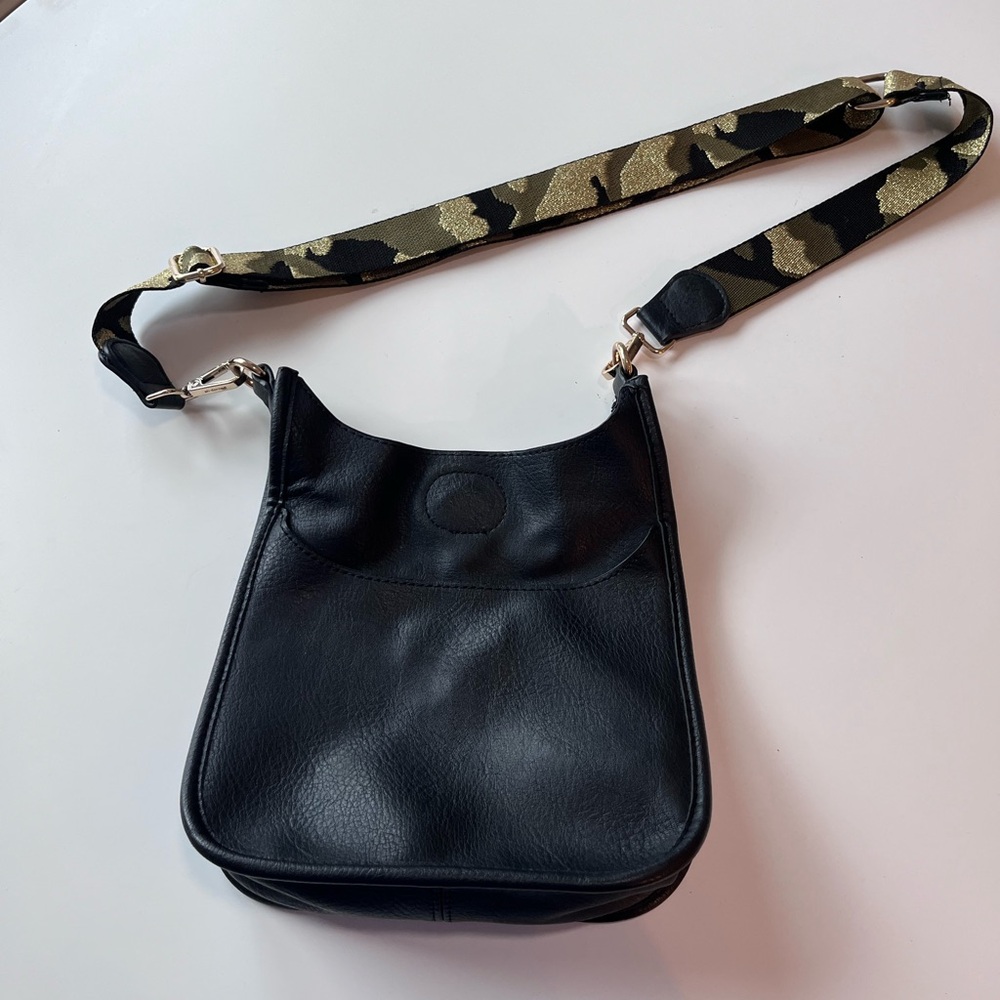 Black crossbody bag with camouflage army green camo guitar adjustable strap